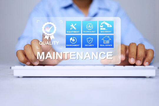 Facility maintenance concept with a man working on computer in office to inspection planning of machinery for service intervals periods and corrective and preventive maintenance