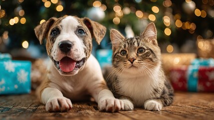 Festive Furballs: A delightful dog and cat duo pose in front of a Christmas tree with presents. Their playful companionship captures the spirit of holiday cheer!