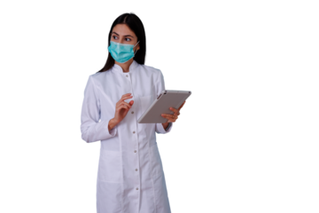 Female doctor wearing surgical mask and lab coat, holding digital tablet, providing medical care and telehealth services on transparent background