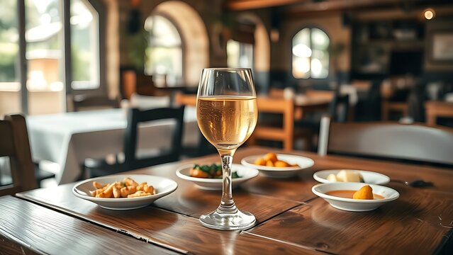 ouzo. Traditional Greek taverna setting with ouzo glass and meze on wooden table. lifestyle magazines, social media lookbooks, designed for influencer and brand collaborations, drives engagement.