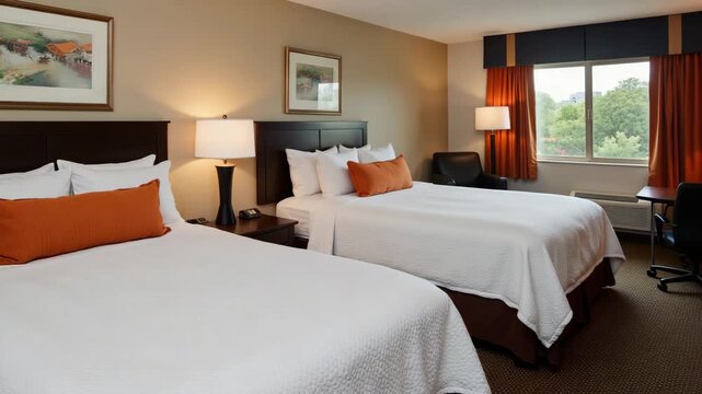 A modern double room with queen-size beds and a panoramic window overlooking the city.