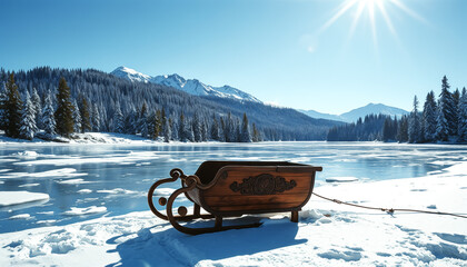 Rustic wooden sled on a frozen lake surrounded by snowy mountains and evergreen trees