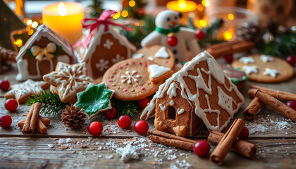Festive Christmas cookies with gingerbread houses, cinnamon, and decorations for a winter celebration