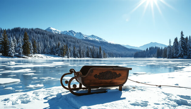 Rustic wooden sled on a frozen lake surrounded by snowy mountains and evergreen trees