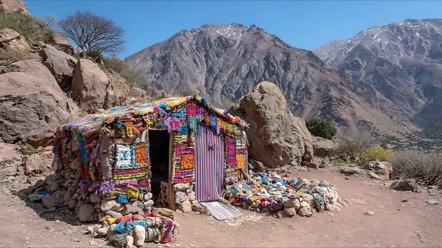 Unique Handmade Mountain Hut Decorated with Bright Fabrics Under a Clear Blue Sky.
