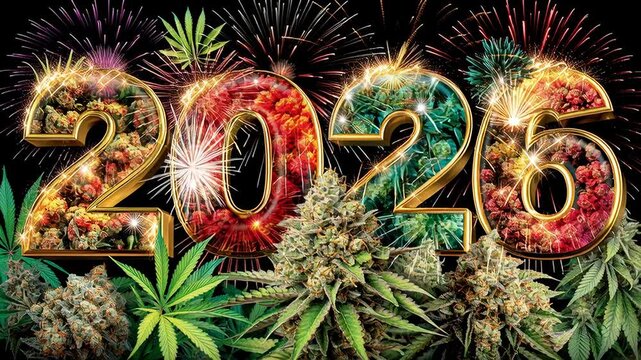 Video of psychedelic 2026 and surreal colorful cannabis plants. New Year