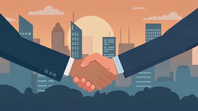 Flat Animation of Two Business People Shaking Hands with Skyscraper City Background