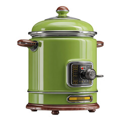 Retro-style green electric multi-cooker with wooden accents and digital display