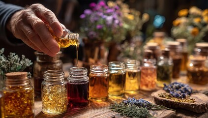 Crafting natural beauty products at home, pouring golden oil into jars with flowers, creating vibrant artisanal cosmetics and herbal remedies