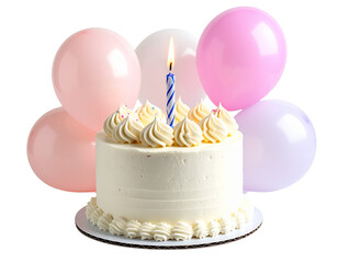 Minimalist white cream birthday cake topped with a single candle and pastel balloons, isolated on a transparent background, PNG