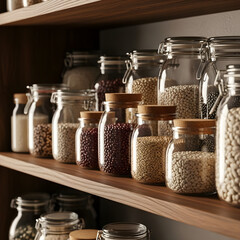 Organized pantry shelves filled with various glass jars containing grains spices and dry goods