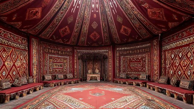 Ornate Red Traditional Tent Interior with Intricate Cultural Patterns and Cozy Seating Arrangement.