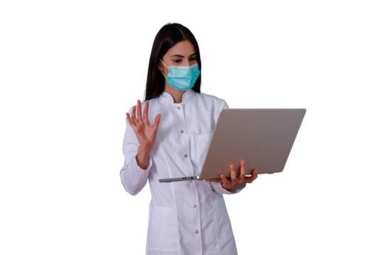 Female doctor wearing medical mask conducting telemedicine video call using laptop, waving hand, healthcare consultation on transparent background - Powered by Adobe