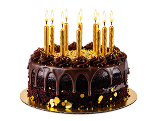 Elegant chocolate birthday cake with golden candles and confetti decoration, isolated on a transparent background, PNG