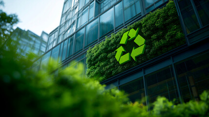 Modern glass building with a large green recycle symbol on a vertical garden wall promoting sustainability and eco-friendly architecture