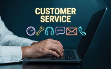 Customer Service Icons with Hands Typing on Laptop