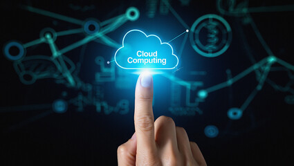 Fototapeta premium Empower your digital transformation as a finger activates the glowing cloud computing interface with futuristic network connections
