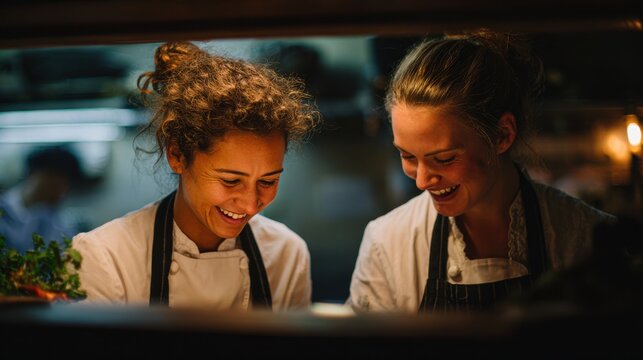 Happy Female Chefs Smiling in Commercial Kitchen with Warm Lighting - Powered by Adobe
