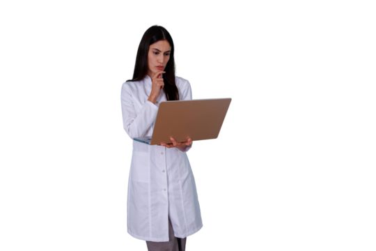 Female researcher wearing lab coat holding laptop and thinking, analyzing medical data, transparent background - Powered by Adobe