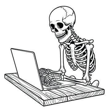 Skeleton working on a laptop computer on a wooden desk