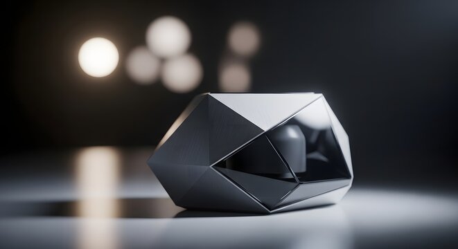 Geometric chrome object with dark interior on a white reflective surface