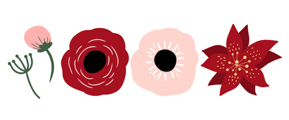 Floral bouquet elements in flat decorative style, ideal for invitations, greeting cards, scrapbooking, stickers, packaging, and botanical themed craft projects.