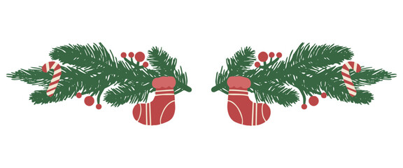 Christmas pine branch ornament in flat decorative style, perfect for holiday greeting cards, invitations, banners, scrapbooking, packaging, and festive craft projects.