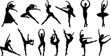 Ballet dancer silhouettes, elegant poses, classical dance, arabesque, plié, pirouette, black figures, white background, graceful movement, performing arts, silhouette collection, ballet technique © Mursalatun