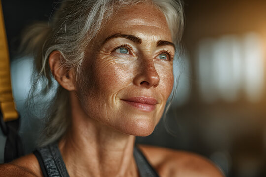 An elderly woman is exercising on a suspension trainer in a gym