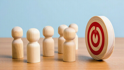 Wooden figures march towards a vibrant target, symbolizing collective business goals and successful achievement in a bright, modern setting.