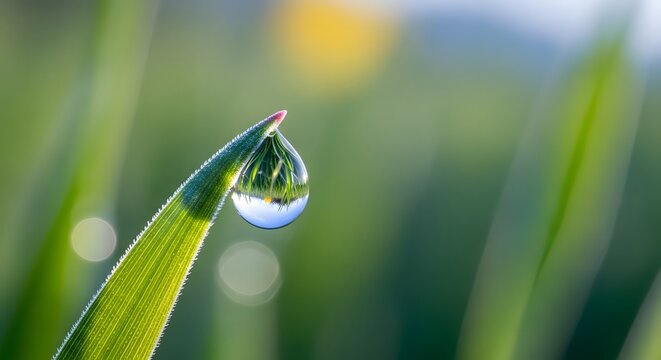 Water drop on blade of grass closeup