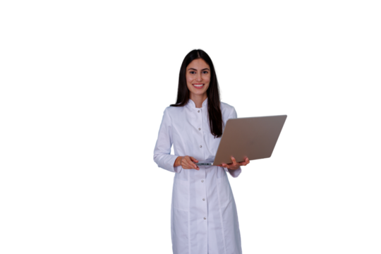 Young professional female doctor working on laptop, smiling, discussing medicine, healthcare and telehealth on transparent background