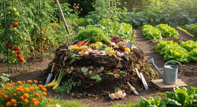 Composting in organic garden with pile of kitchen scraps, plant cuttings, and grass clippings. Compost enriches soil with nutrients and increases beneficial microbes for plants and crops.
