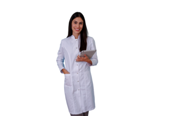 Smiling female doctor or scientist holding a tablet, representing healthcare, research, and technology. Transparent background