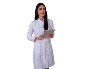 Female healthcare professional in lab coat holding digital tablet, providing medical care and innovation on transparent background