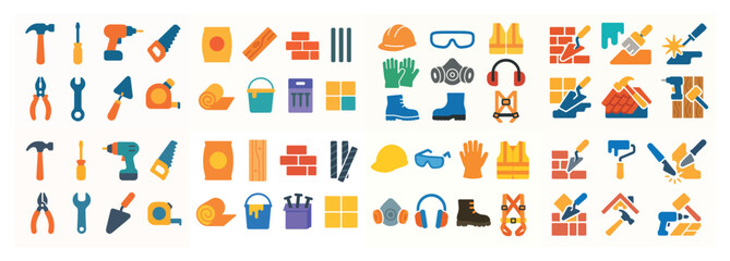 Construction tools and safety gear icons set