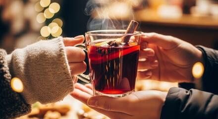 Hands offering a transparent glass mug of hot mulled wine with festive blurred background and warm cozy light