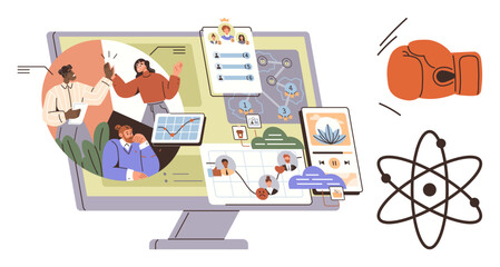 Computer screen displaying collaborative teamwork, scientific research, project diagrams, and communication tools. Ideal for innovation, teamwork, research, science, technology leadership