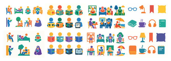 Fototapeta premium Colorful icon set: reading, relaxation, technology