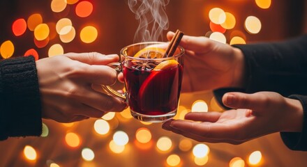 Hands offering a transparent glass mug of hot mulled wine with festive blurred background and warm cozy light