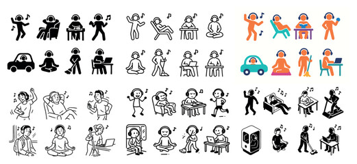 Obraz premium Diverse cartoon characters listening to music activities