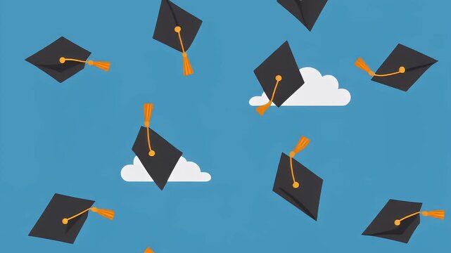 Flat Design Animation of Graduation Caps Flying in the Air