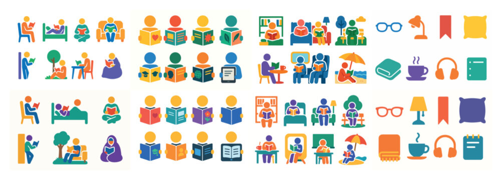 Colorful icon set: reading, relaxation, technology