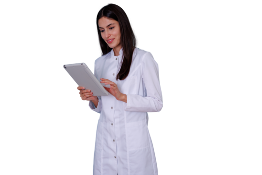 Female doctor using digital tablet for medical consultation, researching healthcare data, transparent background