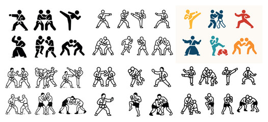 Naklejka premium Martial arts icons and poses in various styles