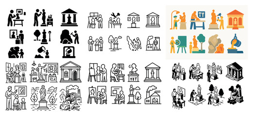 Art class and gallery visitors in various styles