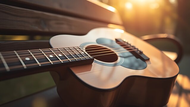 chord. An acoustic guitar resting on a wooden bench, highlighted by warm sunlight and soft focus. tutorial guides, club newsletters, designed for tourism and weekend activity guides.
