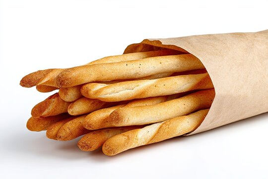Crunchy Breadsticks: A delectable bundle of golden-brown breadsticks, invitingly presented in a rustic paper sleeve, embodies simple culinary delights and the pleasure of fresh baking.