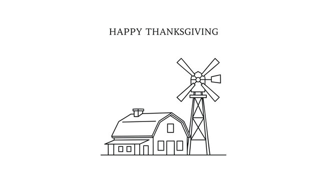 Happy thanksgiving greeting card with a simple line art illustration of a barn and windmill on a white background