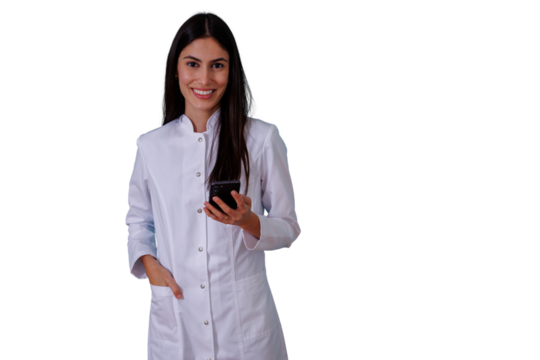 Smiling female doctor holding smartphone presenting healthcare professional using mobile technology on transparent background - Powered by Adobe